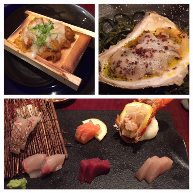 Uni, oyster with foam, and sashimi plate from Miyake